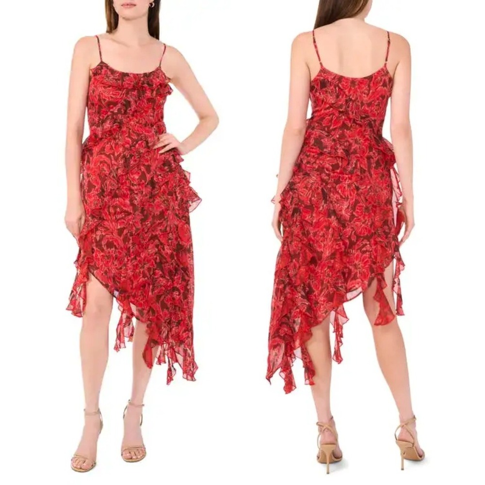 Parker Dress Womens Size 8 Red Ida Floral Ruffle Asymmetrical Midi Metallic NEW‎